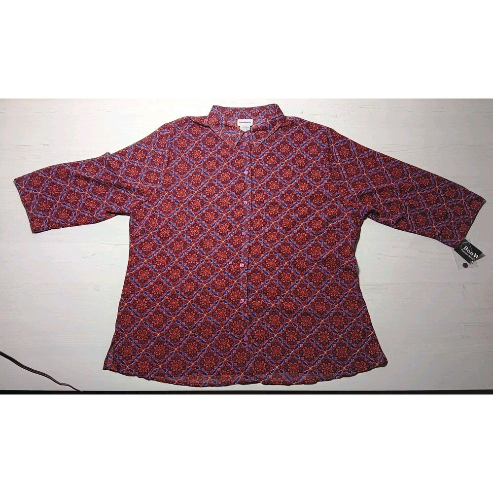 Women’s Blouse XL Bonworth Semi Sheer Top Button Up 3/4 Sleeve Geometric Floral